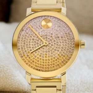 Movado Bold Evolution Yellow Gold-Tone Crystal Pave Dial Women's Watch 3600931